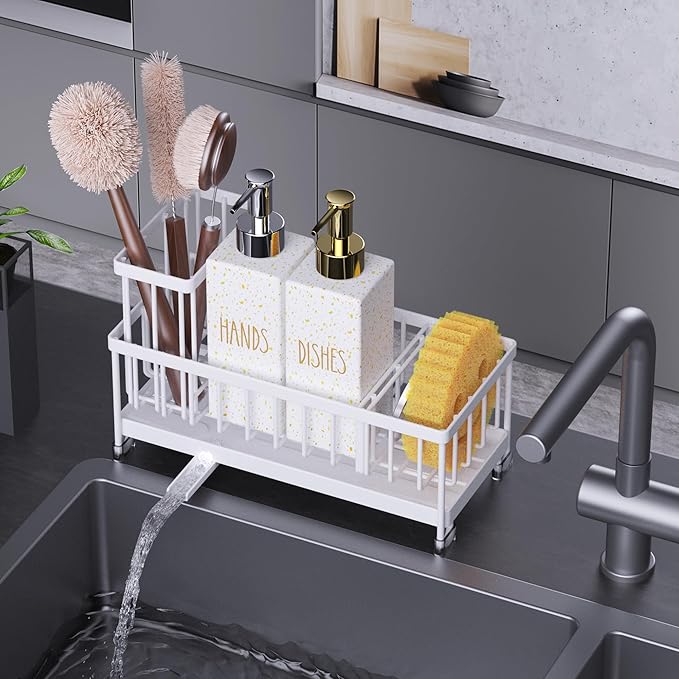 Cisily Kitchen Soap Dispenser Set with Sink Caddy, Glass Bottle, Hand and Dish Soap Dispenser Set with Sponge Holder (White Bottles + White Sponge Holder)