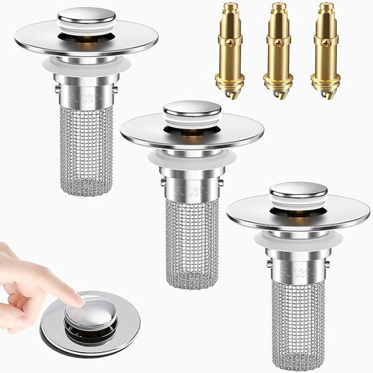 Bathroom Sink Drain Strainer, Pop-Up Bathroom Sink Stopper with Removable Stainless Steel Hair Catcher Basket, Universal Fit for US Bathroom Sinks