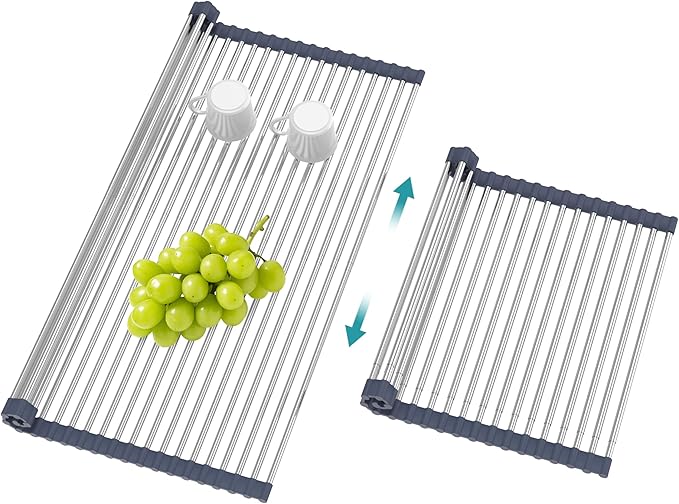 BBXTYLY Extra Large Expandable Roll Up Dish Drying Rack,Over The Sink Drying Rack Sink Cover Kitchen Sink Accessories Kitchen Rolling up Stainless Steel Drainer, Foldable,Rollable（Grey，22.8''-17.3''）