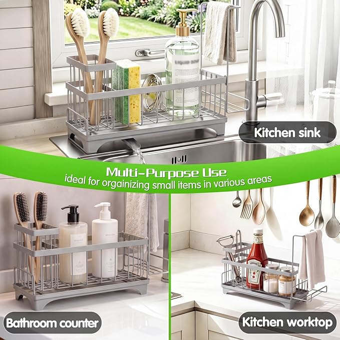 VOOWO Sponge Holder for Kitchen Sink, Compact Sink Caddy with Detachable Brush Holder and Towel Rack, Stainless Steel Kitchen Sink Organizer for Dish Sponge, Soap Dispenser Storage Accessories (Gray)