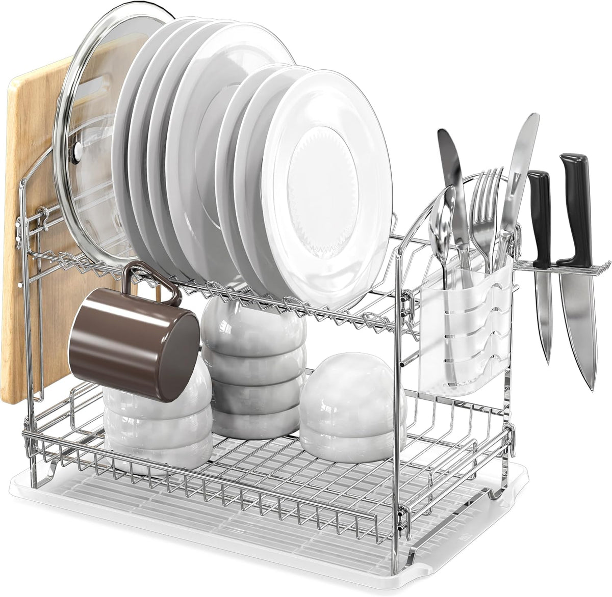 2-Tier Stainless Steel Dish Rack with Drainboard, Chrome