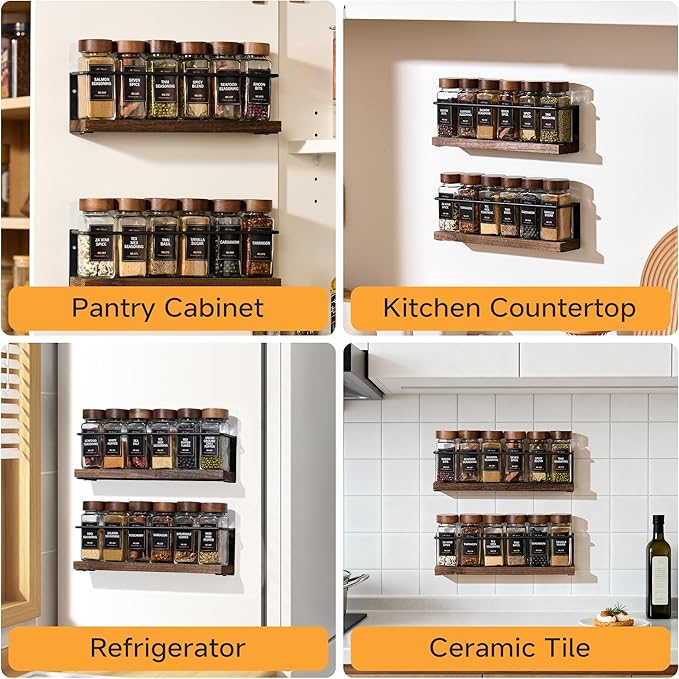 2-Tier Wall Mount Spice Rack Organizer with 12 Glass Jars, 216 Labels & Funnel - Screw/Adhesive Mount, Black Metal & Wood Spice Storage for Kitchen Pantry Cabinet, 11.6”W x 2.4”D x 3.2”H