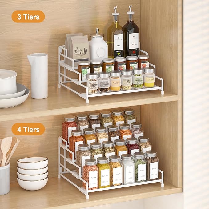 RUILALIFE 4-Tier-Spice-Rack-Organizer-for-Cabinet, Adjustable Depth Spice Holder Shelf For Countertop Pantry Cupboard, Metal Tiered Seasoning Organizer,Display Shelf Riser (White-2 Pack)