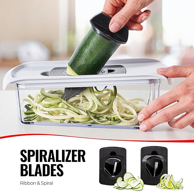 Fullstar Mandoline Slicer for Kitchen, Fruit Cutter, Cheese Grater, Cucumber Slicer, Veggie Spiralizer, Food Cutter & Kitchen Gadgets & Gifts with Safety Glove (11 in 1, White)