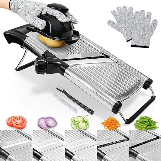 Mandoline Slicer for Kitchen, Adjustable Stainless Steel Vegetable Slicer with Safety Gloves & Food Holder, Potato Onion Tomato Julienne Cutter, Non-Slip Manual Mandolin-3