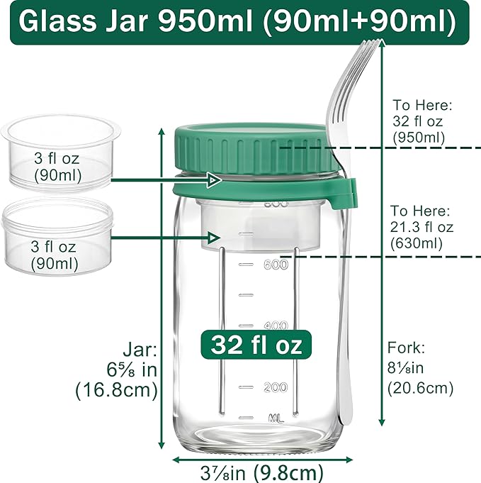 Danmu 32 oz Salad Jars with 2 Dressing Cups & Forks - Glass Mason Jar Meal Prep Containers,Wide Mouth,Leak Proof,Dishwasher Safe - Dry Wet Food Separation for Fresh Salad,Leftovers 4 Pack
