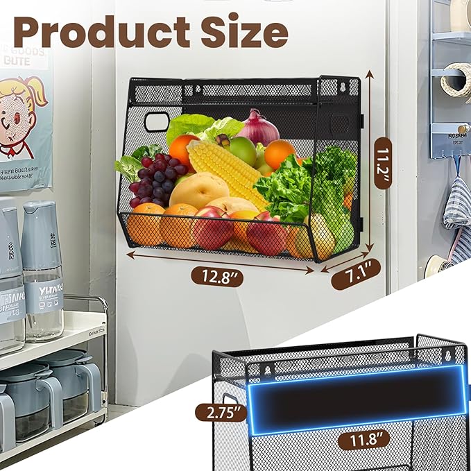 2 Set Magnetic Shelf Basket for Fridge, Magnetic Spice Rack Fruit Onion and Potato Storage Bins with Mesh Lid, Pantry Organizers and Storage, Kitchen Counter Organizer for Produce