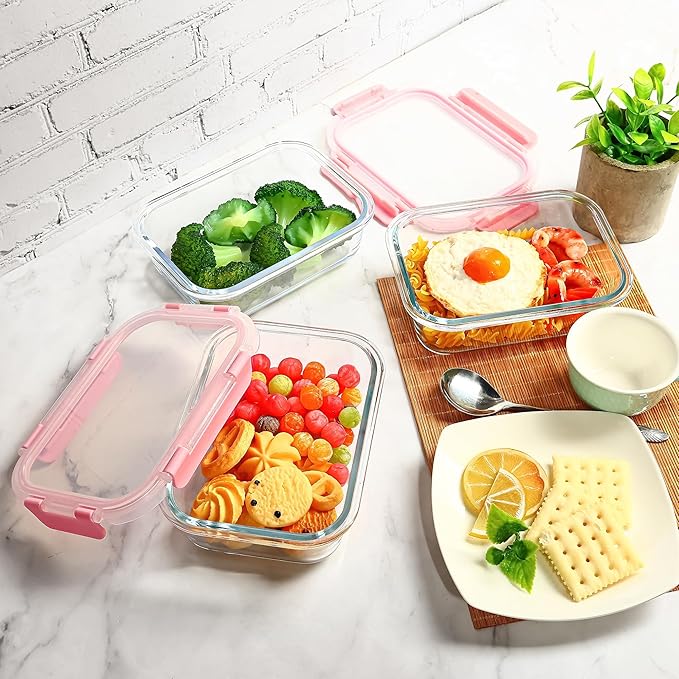 Glass Food Storage Containers 10 Pack - 22Oz Meal Prep Container Set with Lid, Airtight Snap Lock, Microwave Freezer Oven Dishwasher Safe, Lunch Box for Work, Pink