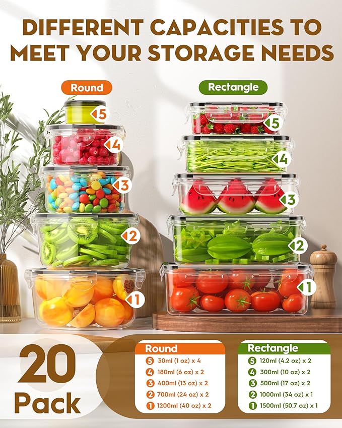 BiuLeon 40 PCS Food Storage Containers with Lids Airtight (20 Containers & 20 Lids), Leakproof Meal Prep for Kitchen Storage, BPA-free, Food-grade, Reusable, Microwave/Dishwasher Safe