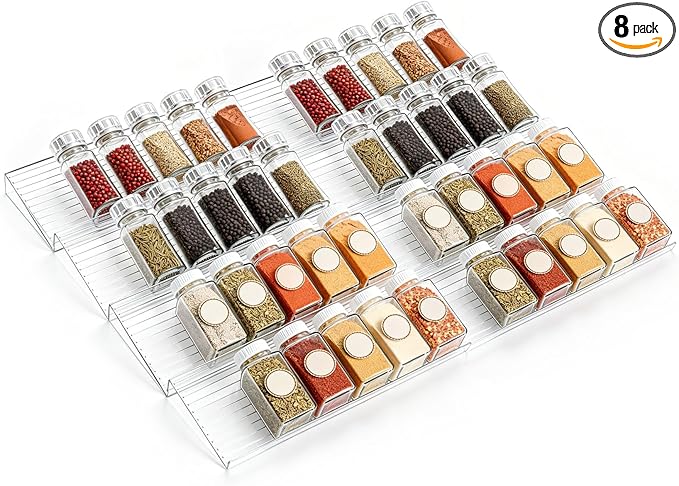 8 Pack Spice Drawer Organizer, Acrylic Spice Rack Expandable From 9" to 18", Clear Seasoning Organizer Tray for Kitchen Holds up to 48 Jars (Jars Not Included)