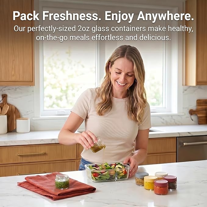 EONJOE 2 oz Glass Dressing Containers To Go Sauce Cups Mini Condiment Dip Jars with Lids Lunch Box Accessories,6-Pack