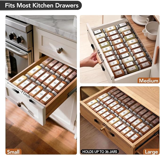 Adjustable 3-Tier Drawer Spice Organizer – Thick Plastic, Non-Slip, Fits 11"-22" Kitchen Drawers, Includes Labels & Funnel (No Jars)
