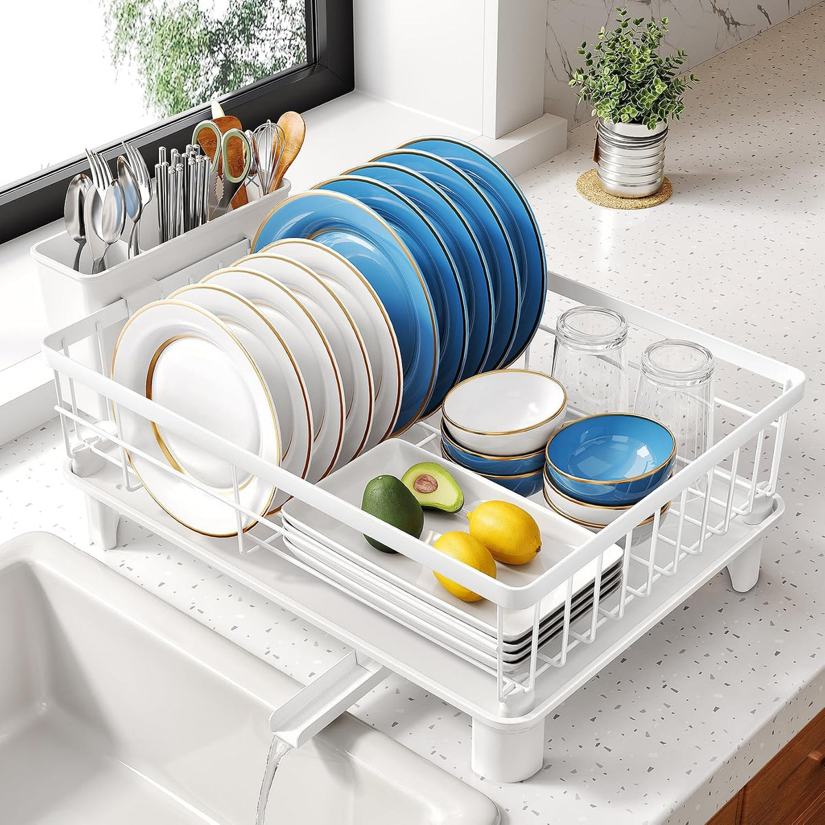 Dish Drying Rack for Small Kitchen Counter, 11" W x 15" L, White