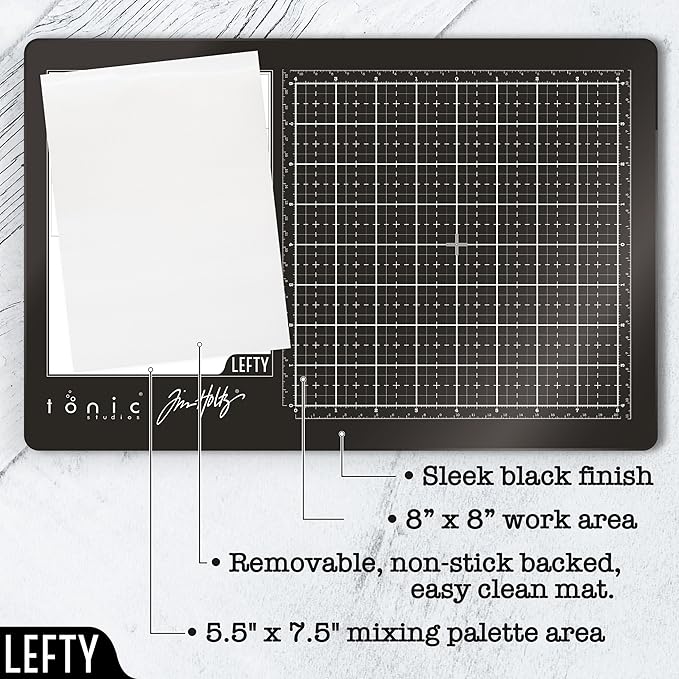 Tim Holtz Travel Glass Cutting Mat - Left Handed Portable Work Surface with 8x8 Measuring Grid and Palette for Mixed Media - Art Supplies with Carry Case