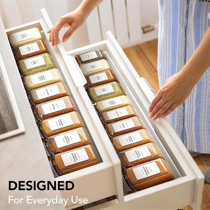 Adjustable 3-Tier Drawer Spice Organizer – Thick Plastic, Non-Slip, Fits 11"-22" Kitchen Drawers, Includes Labels & Funnel (No Jars)
