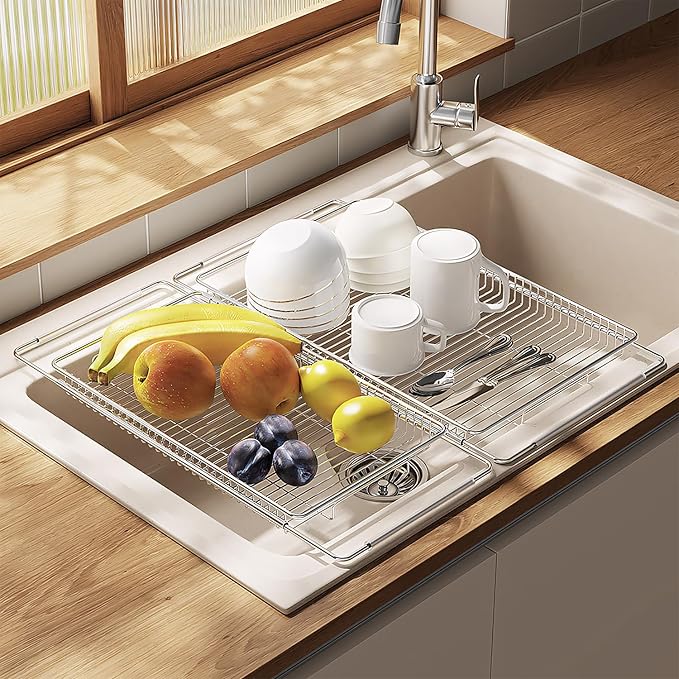 Expandable Over The Sink Dish Drainer Drying Rack, Stainless Steel Metal, Small Adjustable Dish Drainer Drying Rack for Kitchen Counter, Space Saving for Compact Kitchen