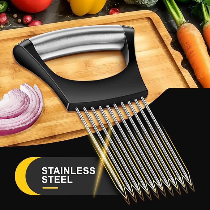 Premium Onion Slicer, Stainless Steel Onion Holder for Slicing, Kiwifruit, Tomatoes, Avocados, Eggs, Lemon, Meat, Potato, Third Generation Onion Cutter with Protective Cover