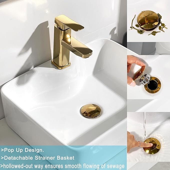 Rockgoya Bathroom Sink Drain, Gold Drain Stopper Bathroom Sink Without Overflow,Pop Up Drain Assembly with Detachable Strainer Basket,Built-in Anti-Clogging Strainer,Stainless Steel