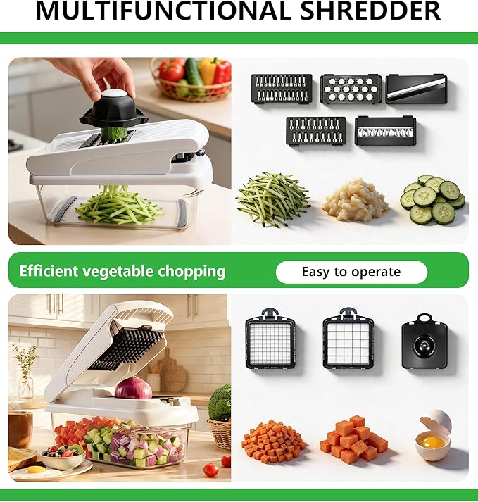 12-in-1 Mandoline Slicer & Vegetable Chopper Pro with Container, Onion Chopper, Potato Cutter, Food Dicer & Grater - Carrot, Garlic, Home Essentials & Gifts (white)