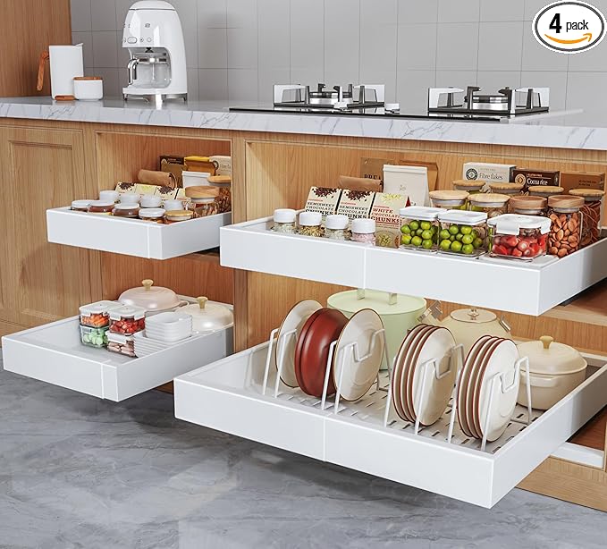 Seinloes 4Pack Expandable Pull Out Cabinet Organizer 21"Deep with Raising Pad for Framed Cabinets,Slide Out Drawers with 4pcs Divider Racks,Roll Out Shelves Adhesive,Adjustable Width 12.05"-20.4"White