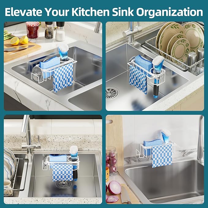 TAILI 4-in-1 Sink Caddy with Strong Suction Cup, Sponge Holder for Kitchen Sink Organizer, Removable, Rustproof, Stainless Steel Holder for Sponge, Brush, Scrubber, Scraper - White