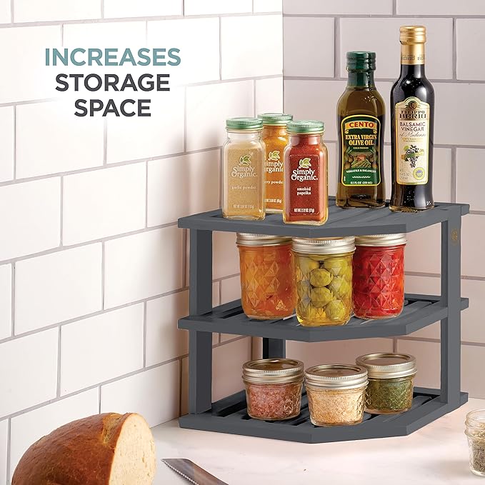 Bambüsi Plate Organizer for Cabinet - Grey Corner Cabinet Organizer and Kitchen Cabinet Organizer Shelf, Kitchen Countertop Organizer for Plates, Dishes and Bowls, Space Saving Corner Rack, (Gray)