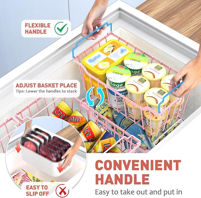 Goovilla Freezer Organizer Bins with Foldable Handle, 8 Pack Stackable Freezer Baskets for 3.5-7 Cu.FT Deep Chest Freezer Organization, Pink Metal Freezer Storage Bins with Better Space Utilization