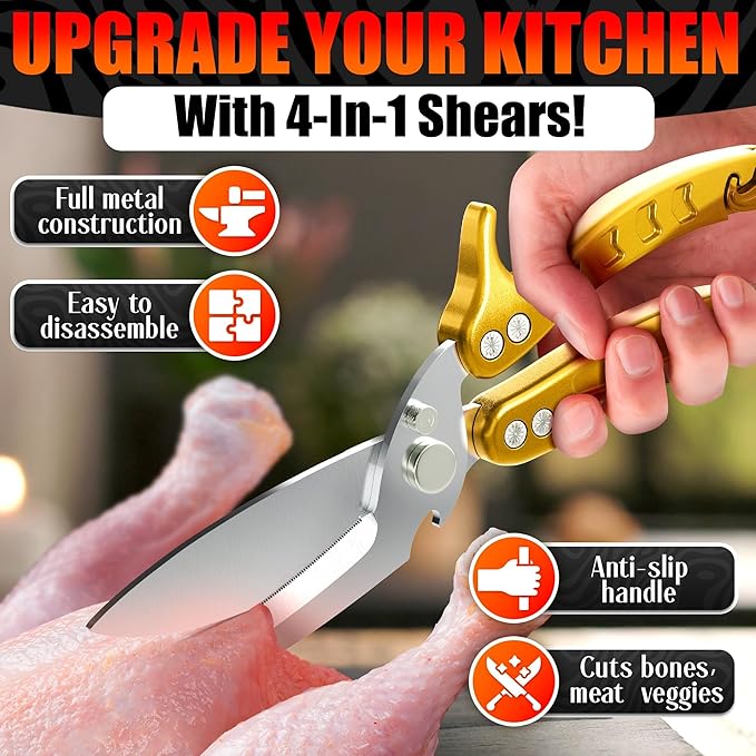 Heavy Duty Poultry Shears – Kitchen Shears Dishwasher Safe, Spring-Loaded, 3Cr14 Steel, Micro-Serrated, Separates for Easy Cleaning | Bone Scissors for Chicken, Turkey, Seafood & Fish Scale (Gold)