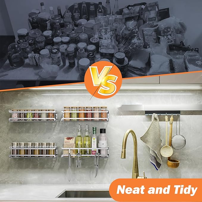 Bunoxea Spice Rack wall mounted 2 Pack, Space-Saving Spice Organizer for Spice Jars and Seasonings,Screw or Adhesive Hanging Spice Rack Organizer for Your Kitchen Cabinet,or Pantry Door,Silver