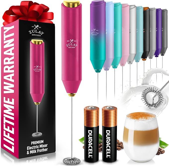 Zulay Kitchen Powerful Milk Frother AA Batteries Included – Ultra Fast Handheld Drink Mixer with Stainless Steel Whisk Stirrer for Coffee, Protein