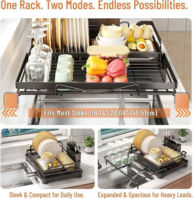 PureBox Extendable Dish Rack for Kitchen Sink - Heavy-Duty Adjustable Over Sink Drying Rack with Utensil Holder & Drain Tray, Space Saving Steel Frame Dish Rack (Black)