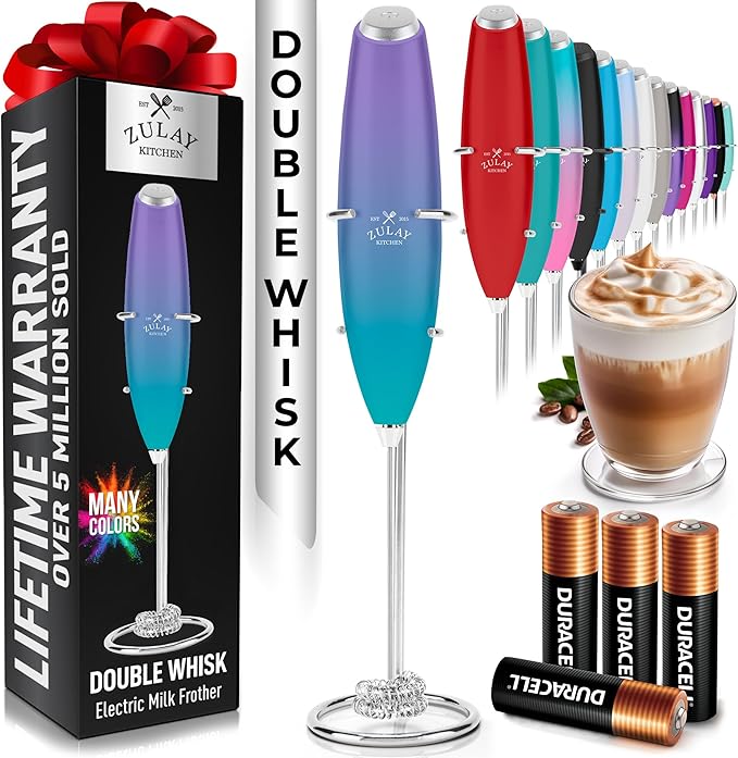 Zulay Kitchen Powerful Milk Frother Wand With Duracell Batteries - Ultra Fast Handheld Drink Mixer - Electric Whisk Foam Maker for Coffee, Lattes, Cappuccino & Matcha - Double Whisk - Purple Teal Fade