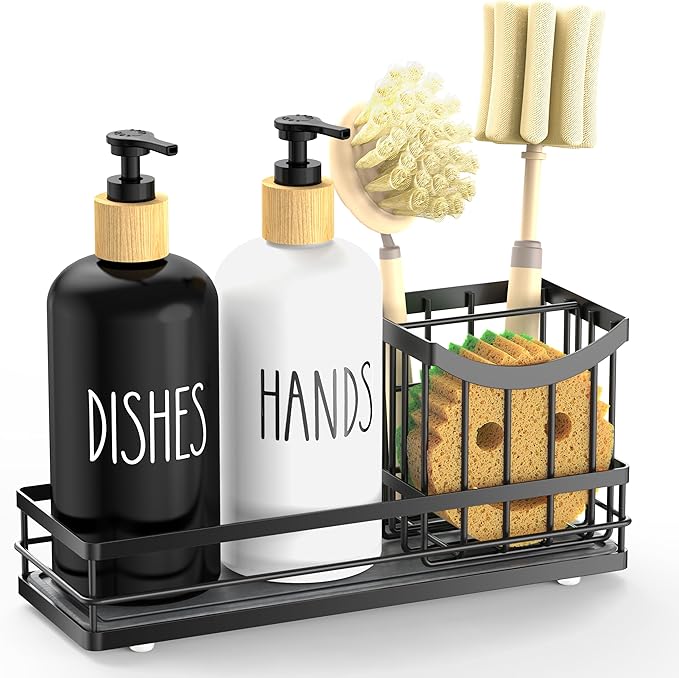 Moforoco Kitchen Dish Soap Dispenser Set, 16OZ Glass Bottle, Hand and Dish Soap Dispenser Set, Instant Dry Tray, Brush Holder with Smiley Face Sponge Holder (Universal Black Tray+Black&White Bottle)