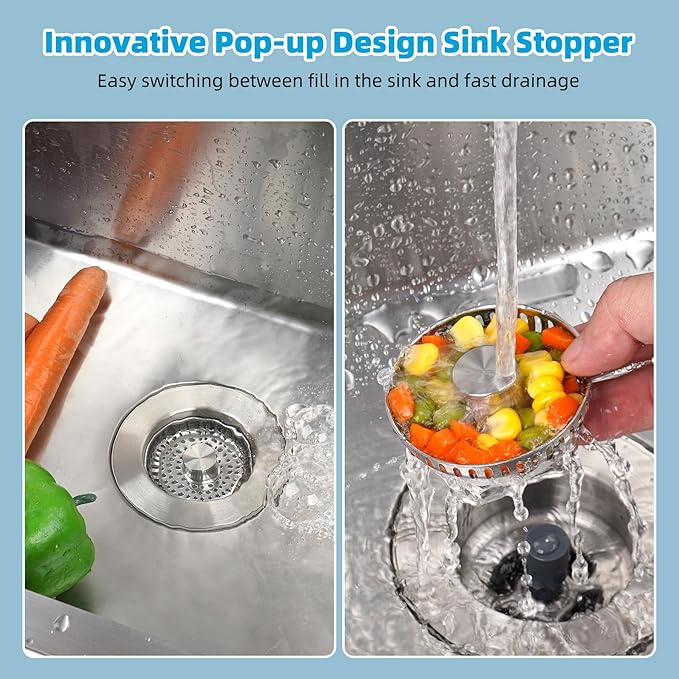 Hibbent All Metal Stainless Steel 3 in 1 Kitchen Sink Drain Strainer, Upgraded Anti-Rust Sink Stop Combo, Anti-Clogging Stainless Steel Basket Strainer with Metal Handle for US Standard 3-1/2" Drain