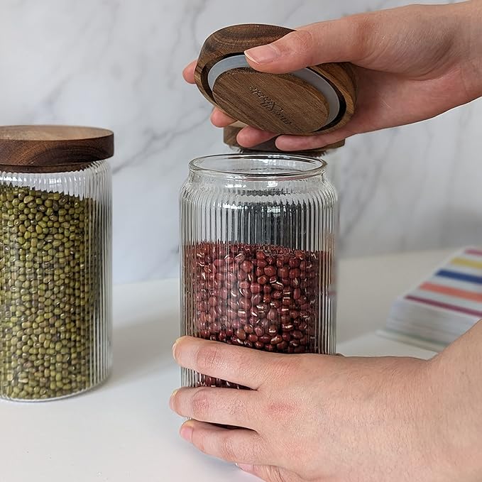 Mason & Fable Ribbed Glass Jar, Stackable & Airtight Wooden Lid- Storage Canister for Cookies, Treats, Tea or Sugar - High End Look for Kitchen, Pantry, Bar or Bathroom -27 fl oz, Single