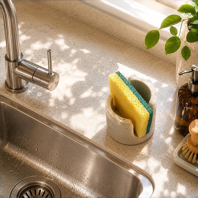 Natural Travertine Sponge Holder for Kitchen Sink – Solid Stone Cylinder Sponge Caddy with Dual-Height Cut-Out, Compact Countertop Sink Organizer & Modern Home Décor