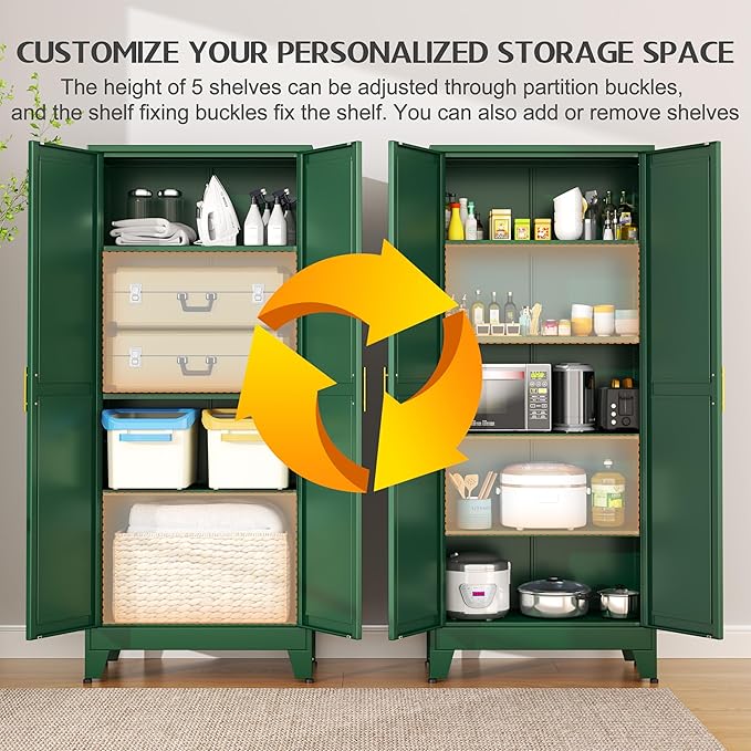 GAIOUS 75.2" Tall Kitchen Food Pantry, Pantry Cabinet with 2 Door and 5 Adjustable Shelves, Green Laundry Room Cabinets, Freestanding Pantry for Kitchen, Study Room, Dining Room and Entryway