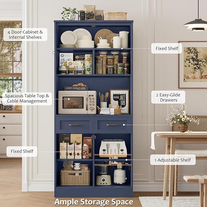 HOSTACK 71“ Tall Kitchen Pantry Storage Cabinet, Modern Kitchen Hutch Bar Cabinet with Microwave Stand, Wood Buffet Sideboard with Hutch, Cupboard with Drawers, Shelves for Dining Room, Blue