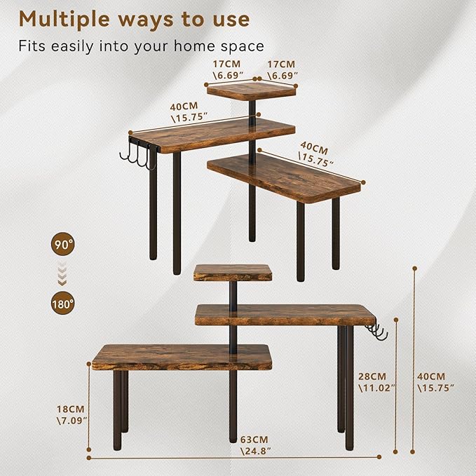 IBUYKE Kitchen Countertop Organizer,3-Tier Wooden Spice Racks,Bathroom Counter Organizer，Rotating Adjustable,4 Side Hooks,Corner Shelf for Kitchen,Coffee Bar, Cabinet, Desk,Rustic Brown,TLJ023H