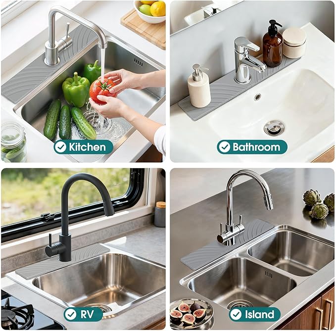 Quick Dry Stone Faucet Mat for Kitchen Sink - 23.6"x3.9" Natural Diatomite Stone Drying Mat for Kitchen Counter, Auto Drainage Sink Protector, Water Splash Guard for Bathroom (Light Grey)