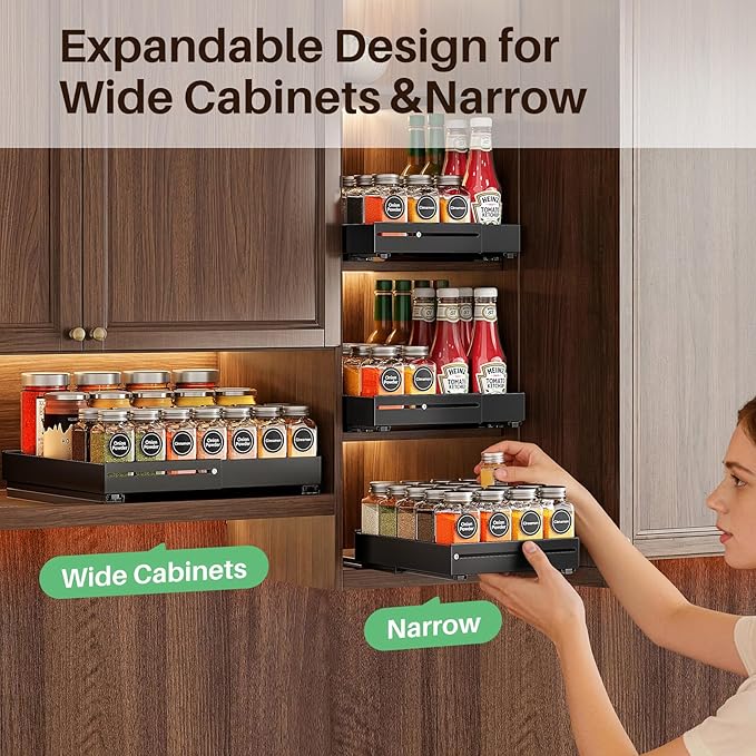 SNTD Pull Out Spice Rack for Upper Cabinet - Expandable Organizer with Smooth Ball Bearing Slides, No Drill Mounting Spice Storage for Kitchen (2 Pack, 7.2" to 12.9" W X 10" D X 2.2" H)