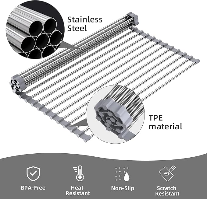Roll Up Dish Drying Rack Over Sink, 17" x 15.7", Stainless Steel with Non-Slip Silicone Ends, Gray