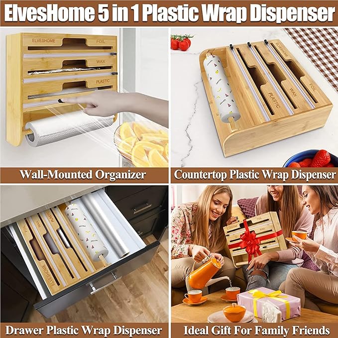 5 in 1 Foil and Plastic Wrap Organizer with Cutter, Plastic Wrap Food Dispenser with Paper Towel Holder for 12 inch Roll Wax Paper Parchment, Wall Mount Aluminum Foil Dispenser for Kitchen Storage