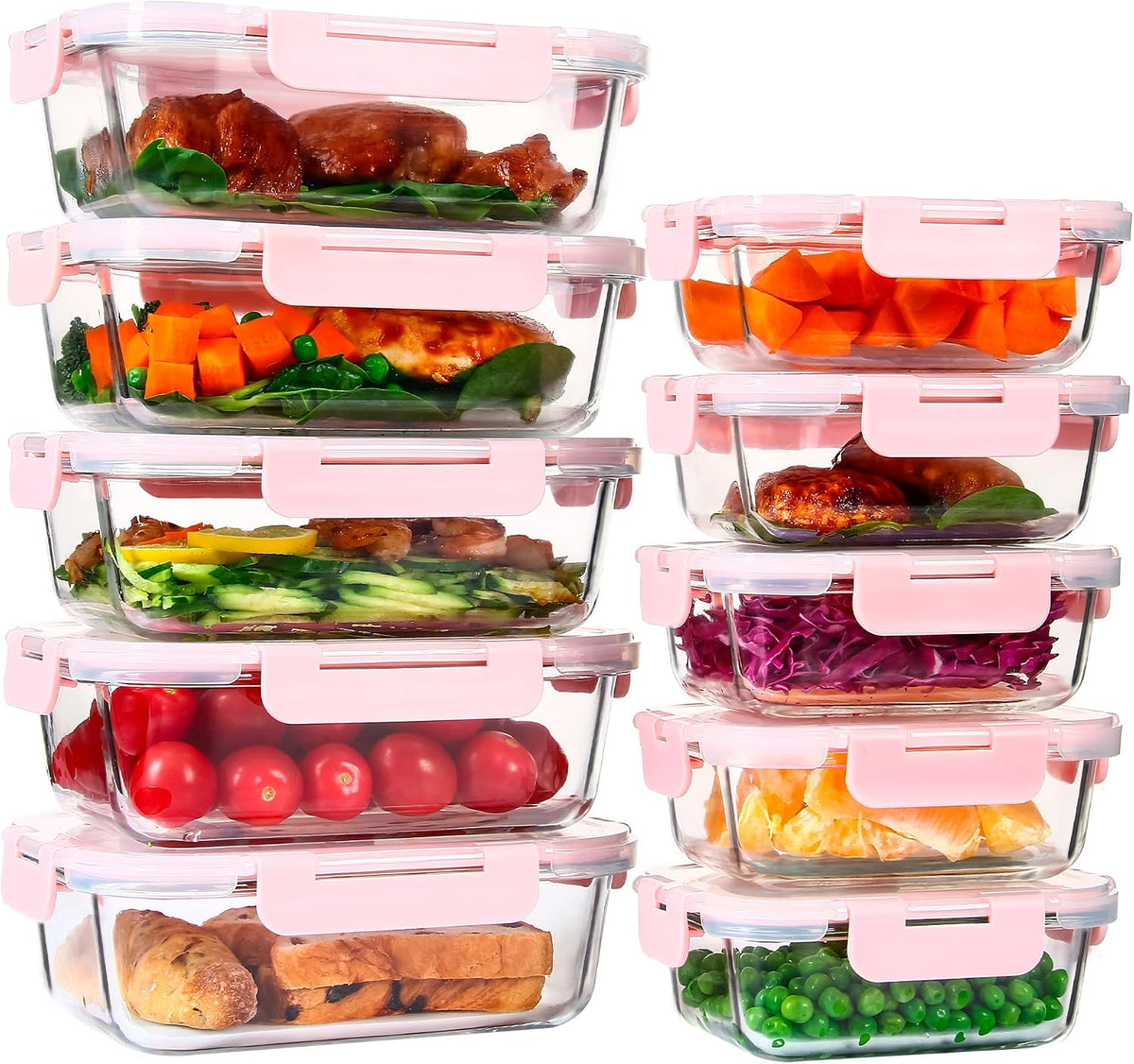 10 PACK Glass Food Storage Containers with Leak Proof Lids, Glass Airtight Meal Prep Containers Set for Lunch, On the Go, Leftover, Kitchen Pantry Organizers and Storage (Pink)