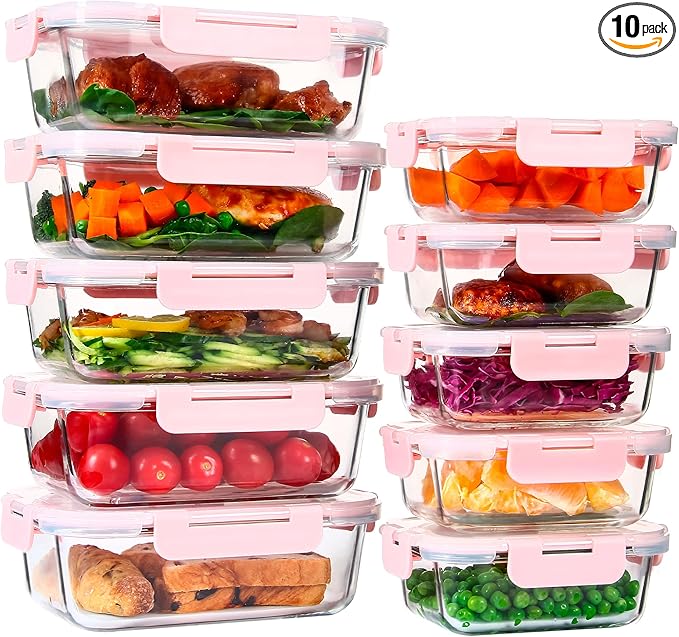 UMEIED 10 PACK Glass Food Storage Containers with Leak Proof Lids, Glass Airtight Meal Prep Containers Set for Lunch, On the Go, Leftover, Kitchen Pantry Organizers and Storage (Pink)