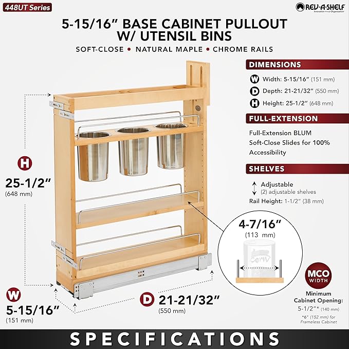 Rev-A-Shelf Maple Pullout Utensil Organizer with 3 Bins & BLUM Soft-Close Full Extension Slides, for Full-Height Base Cabinets, Adjustable Shelves, Min Opening Width of 5.5", 448UT-BCSC-5C