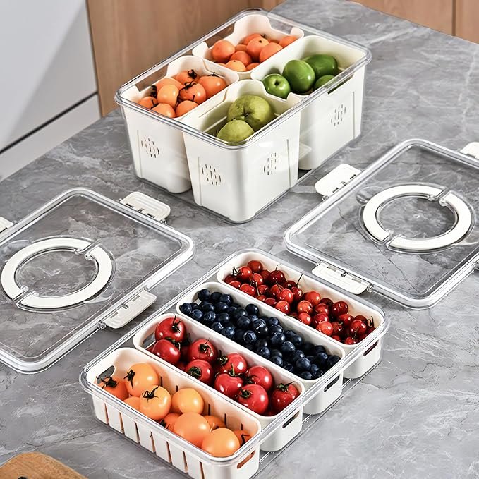 Divided Veggie Tray with Lid and Handle 4 Compartment Serving Tray Portable Travel Snack Storage Containers Stackable Snackle Box Charcuterie Container for Fruit,Vegetable,Salad
