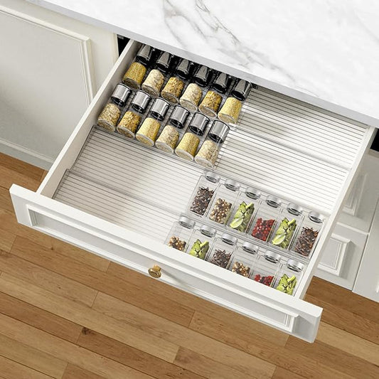 AMBIRD Spice Drawer Organizer, 4 Tier-2 Set Clear Spice Rack Tray Expandable From 11'' to 22'', Seasoning Organizer with non-slip tape for Kitchen