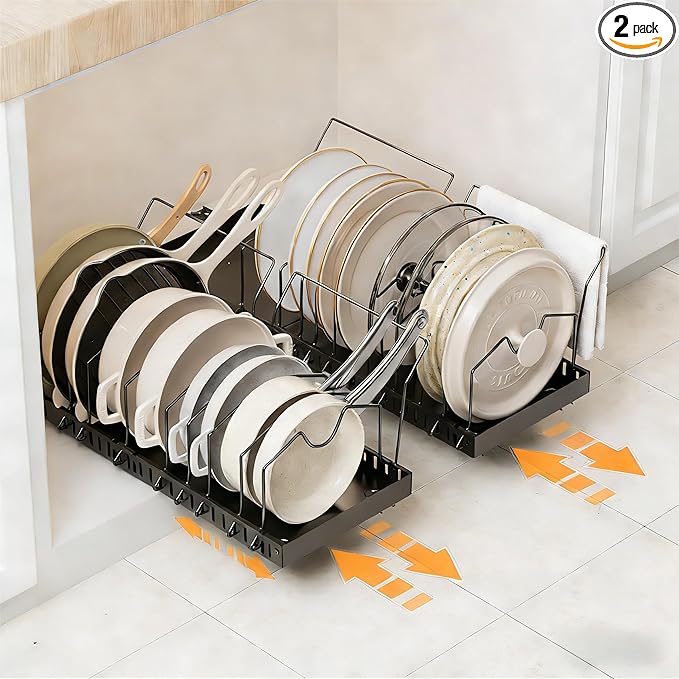 DTUQYX Pull Out Pot and Pan Organizer - 2 Pack Pots and Pans Organizer Under Cabinet Expandable Kitchen Pot Lid No Drill with 20 Adjustable Dividers and Towel Bar（Black,16.53-21.25in）
