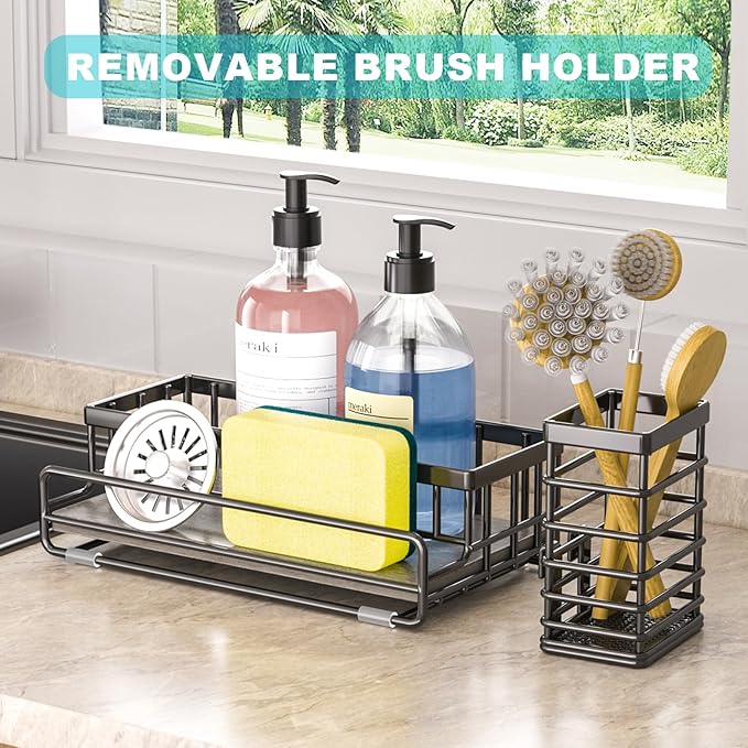 Large Family-Sized Sponge Holder for Kitchen Sink Organizer - Sink Caddy with Instant Drying Stone, Stainless Steel Sponge Holder for Sponges, Scrubbers, Soap, Home Countertop Organizer